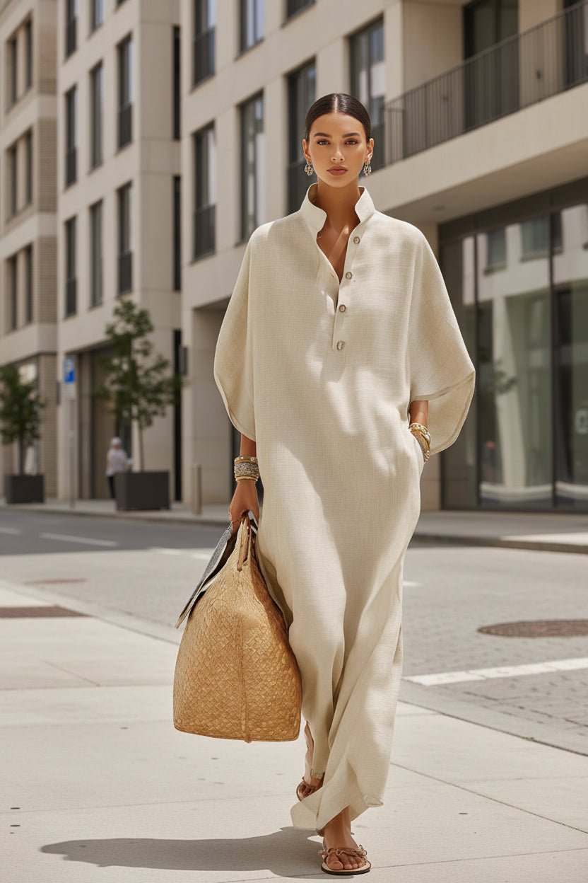 Women’s loose straight long dress with stand collar and button-down design, casualwear by Plush Fashion Hub.