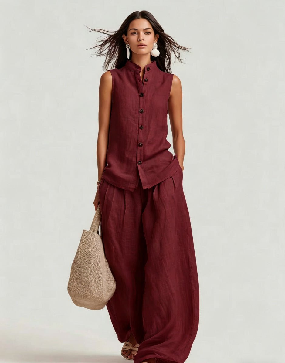 Women's casualwear set featuring a stand collar sleeveless top and high-waist wide-leg pants by Plush Fashion Hub.