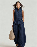 Casual women's stand collar sleeveless top with high-waist wide-leg pants set by Plush Fashion Hub, shown on a model.