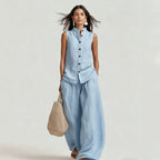 Women's casual sleeveless stand collar top and high-waist wide-leg pants set by Plush Fashion Hub, styled for a chic look.