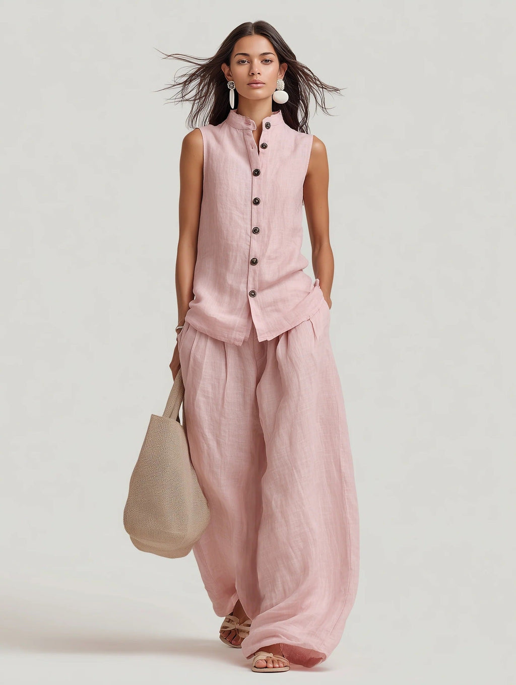 Women's sleeveless stand collar top and high-waist wide-leg pants set by Plush Fashion Hub, casualwear style, shown on model.