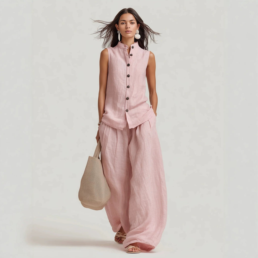 Women's sleeveless stand collar top and high-waist wide-leg pants set by Plush Fashion Hub, casualwear ensemble.