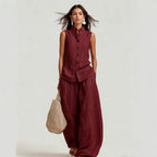 Women's casualwear set featuring a sleeveless stand collar top and high-waist wide-leg pants from Plush Fashion Hub.