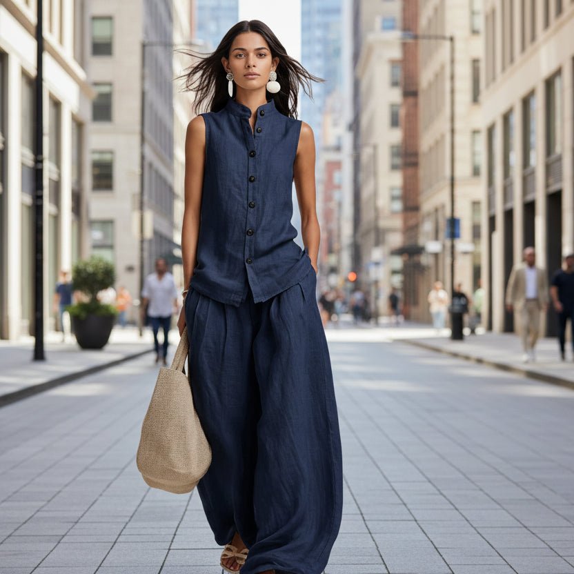 Women's sleeveless stand collar top and high-waist wide-leg pants set by Plush Fashion Hub, stylish casualwear ensemble.