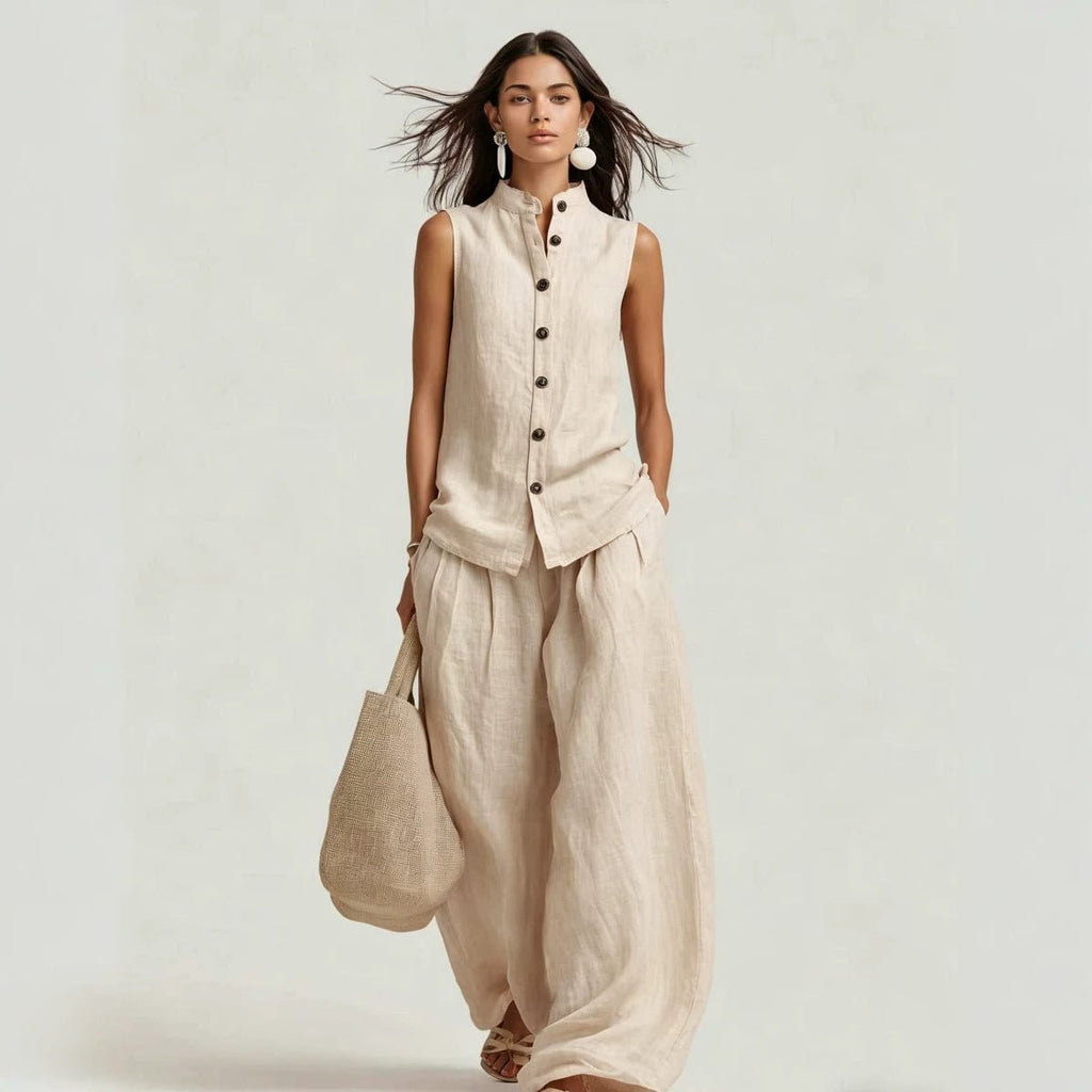 Women's casualwear set with a stand collar sleeveless top and high-waist wide-leg pants from Plush Fashion Hub.