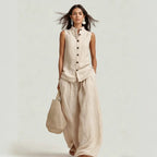Women's casualwear set with a stand collar sleeveless top and high-waist wide-leg pants from Plush Fashion Hub.