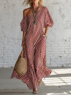 Women's striped off-shoulder elegant midi dress by Plush Fashion Hub, casualwear with stylish vertical stripe pattern.