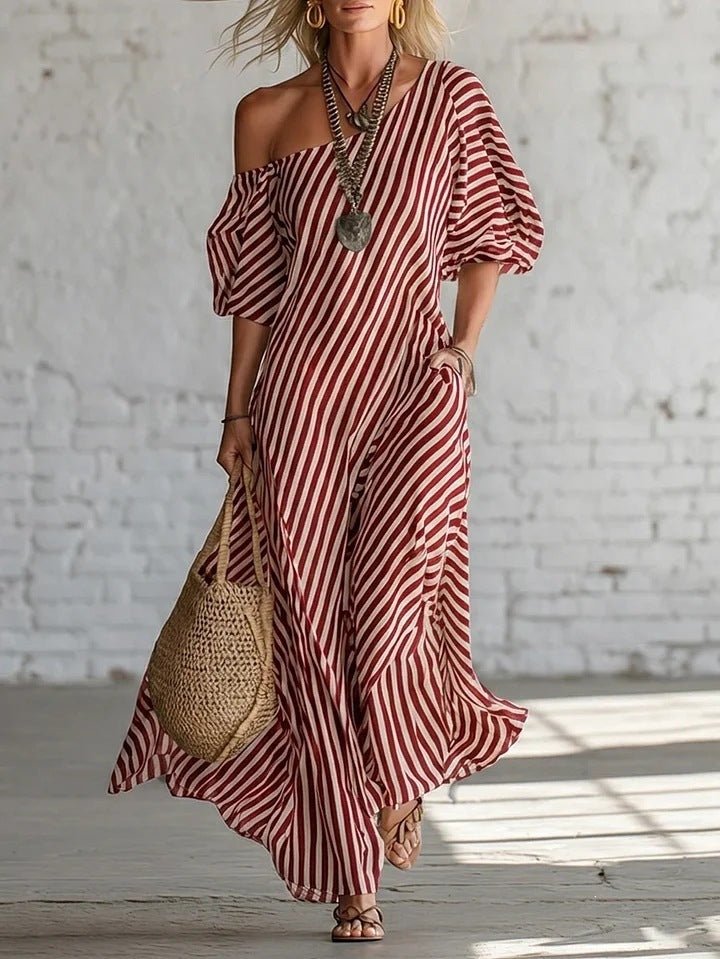 Women's striped off-shoulder elegant midi dress by Plush Fashion Hub, casualwear with stylish vertical stripe pattern.