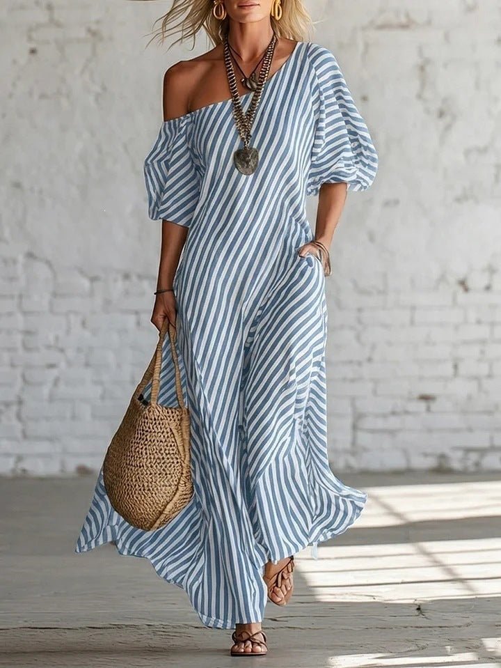 Women's striped off-shoulder midi dress by Plush Fashion Hub, showcasing elegant casualwear with a stylish off-shoulder design.