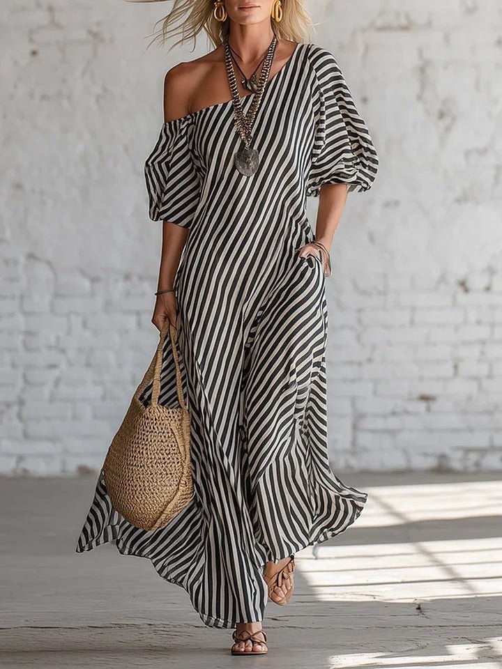 Women's striped off-shoulder midi dress by Plush Fashion Hub, featuring elegant casualwear with a stylish off-shoulder design.