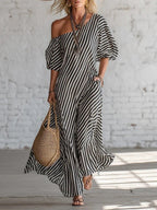 Women's striped off-shoulder midi dress by Plush Fashion Hub, featuring elegant casualwear with a stylish off-shoulder design.