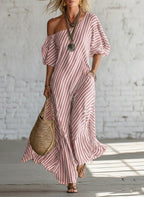 Women's striped off-shoulder elegant midi dress by Plush Fashion Hub, casualwear with a stylish, feminine design.