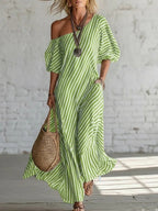 Women's striped off-shoulder midi dress by Plush Fashion Hub, showing a stylish casualwear dress with elegant vertical stripes.