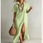 Women's striped cotton linen maxi dress with V-neck and short sleeves, casualwear by Plush Fashion Hub.