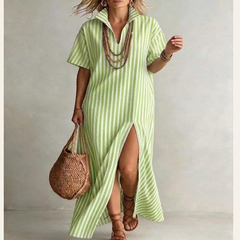 Women's striped cotton linen maxi dress with V-neck and short sleeves, casualwear by Plush Fashion Hub.