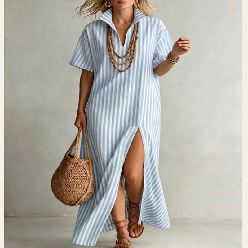 Women's striped cotton linen maxi dress with V-neck and short sleeves, from Plush Fashion Hub, featuring a slit for casual wear.