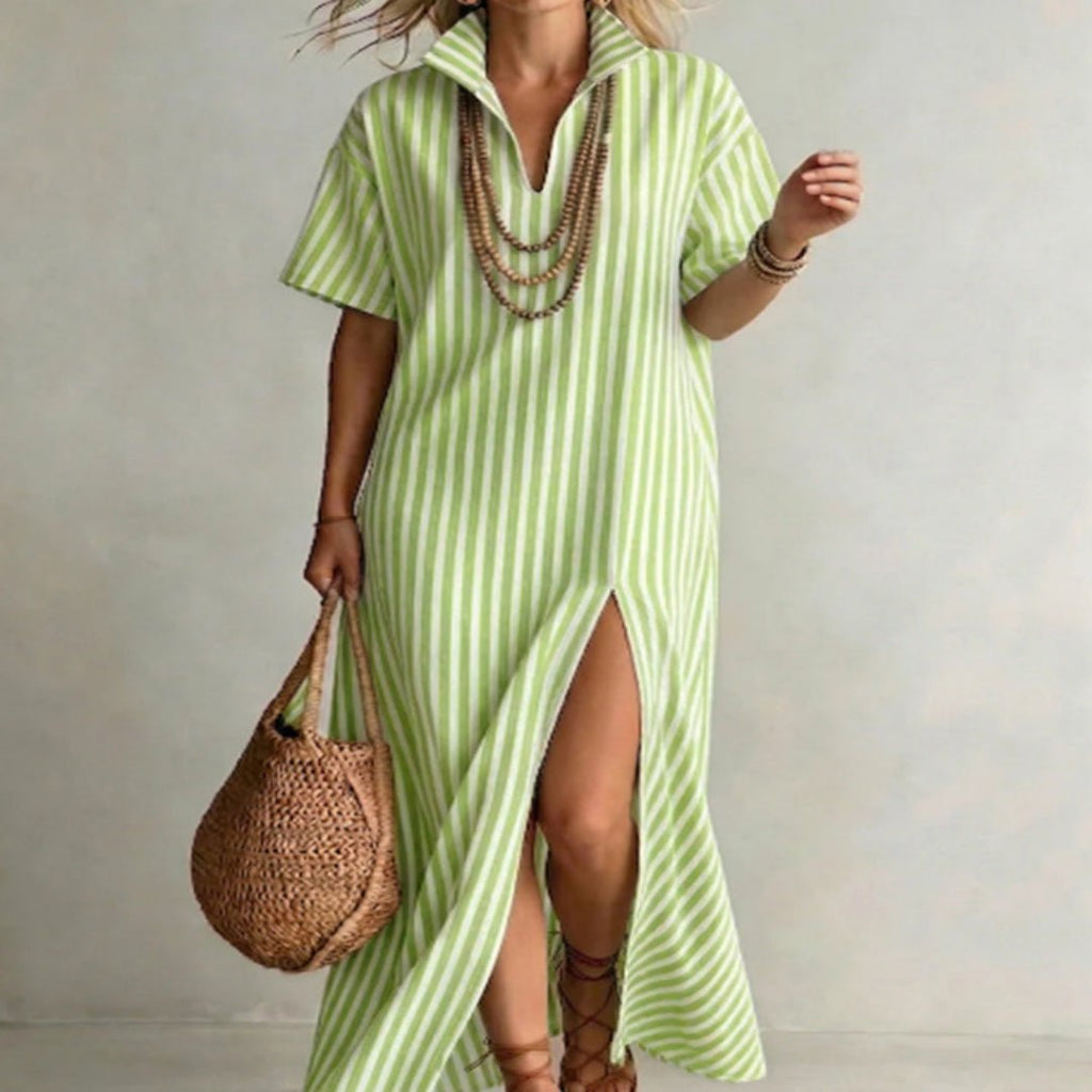 Women's striped slit maxi dress with V-neck and short sleeves, casual cotton linen dress by Plush Fashion Hub.