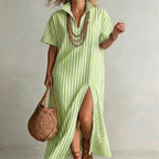 Women's striped slit maxi dress with V-neck and short sleeves, casual cotton linen dress by Plush Fashion Hub.