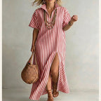 Women's striped cotton linen maxi dress by Plush Fashion Hub with V-neck and short sleeves, perfect for casual wear.