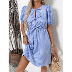 Women’s striped tie-front puff sleeve mini dress by Plush Fashion Hub, casualwear with a stylish front tie and puff sleeve design.