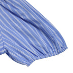 Women’s striped tie-front puff sleeve mini dress by Plush Fashion Hub, casualwear with stylish vertical stripes and puff sleeves.