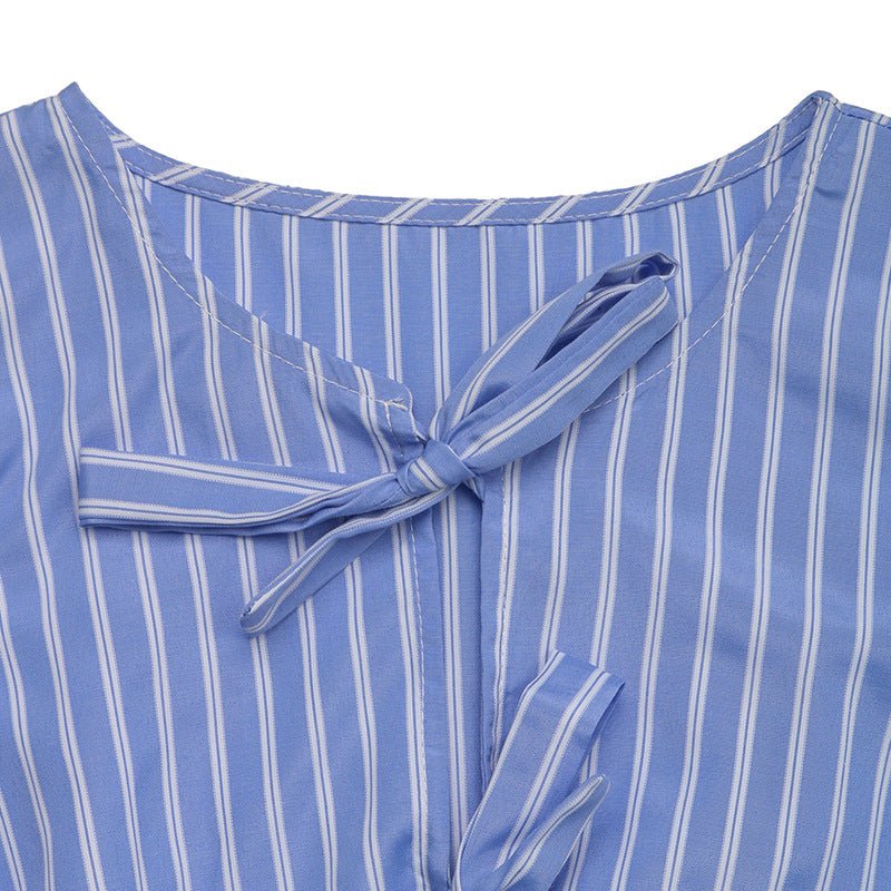 Women’s striped tie-front puff sleeve mini dress by Plush Fashion Hub, casualwear, featuring a V-neck, fitted waist, and playful pattern.