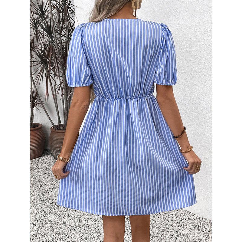 Women’s striped tie-front puff sleeve mini dress by Plush Fashion Hub, casualwear with stylish stripes and feminine puff sleeves.