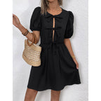 Women's striped tie-front puff sleeve mini dress from Plush Fashion Hub, casualwear with a stylish front tie and puff sleeves.