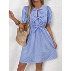 Women’s striped tie-front puff sleeve mini dress by Plush Fashion Hub, casualwear with stylish puff sleeves and a front tie detail.