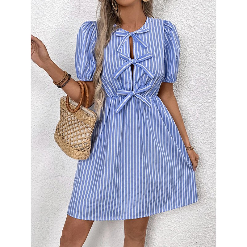Women’s striped tie-front puff sleeve mini dress by Plush Fashion Hub, casualwear with stylish puff sleeves and a front tie detail.