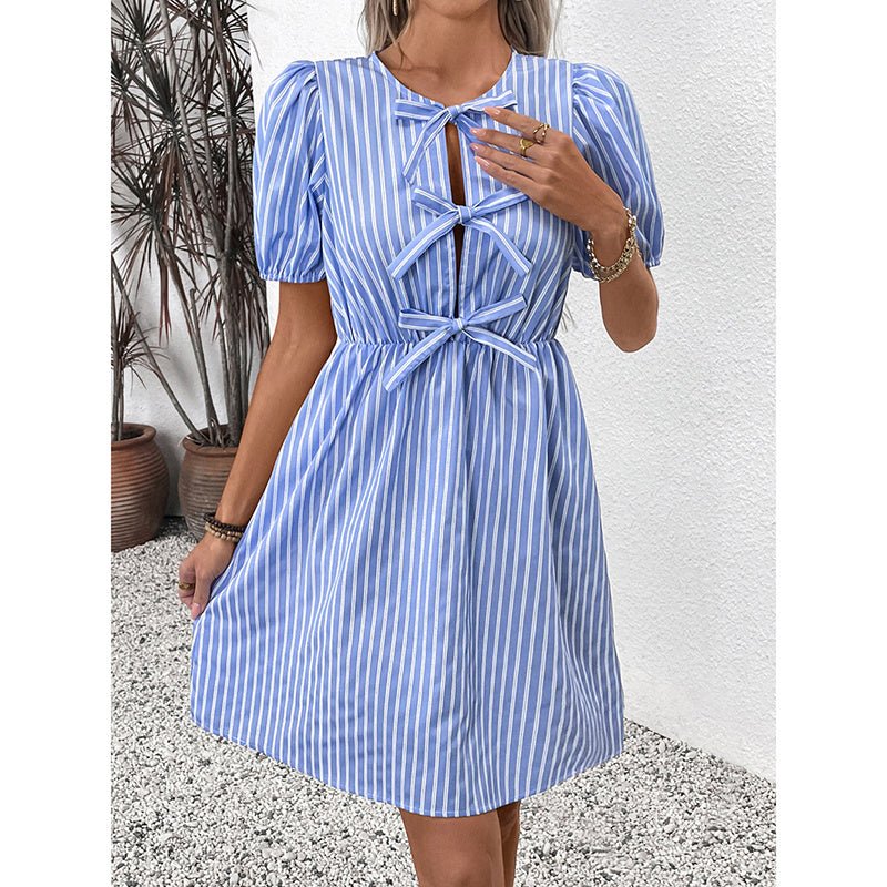 Women’s striped tie-front puff sleeve mini dress by Plush Fashion Hub, casualwear with a stylish front tie and puff sleeve design.