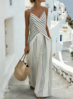 Women's striped V-neck sleeveless two-piece casualwear set by Plush Fashion Hub, featuring a fitted sleeveless top and matching skirt.
