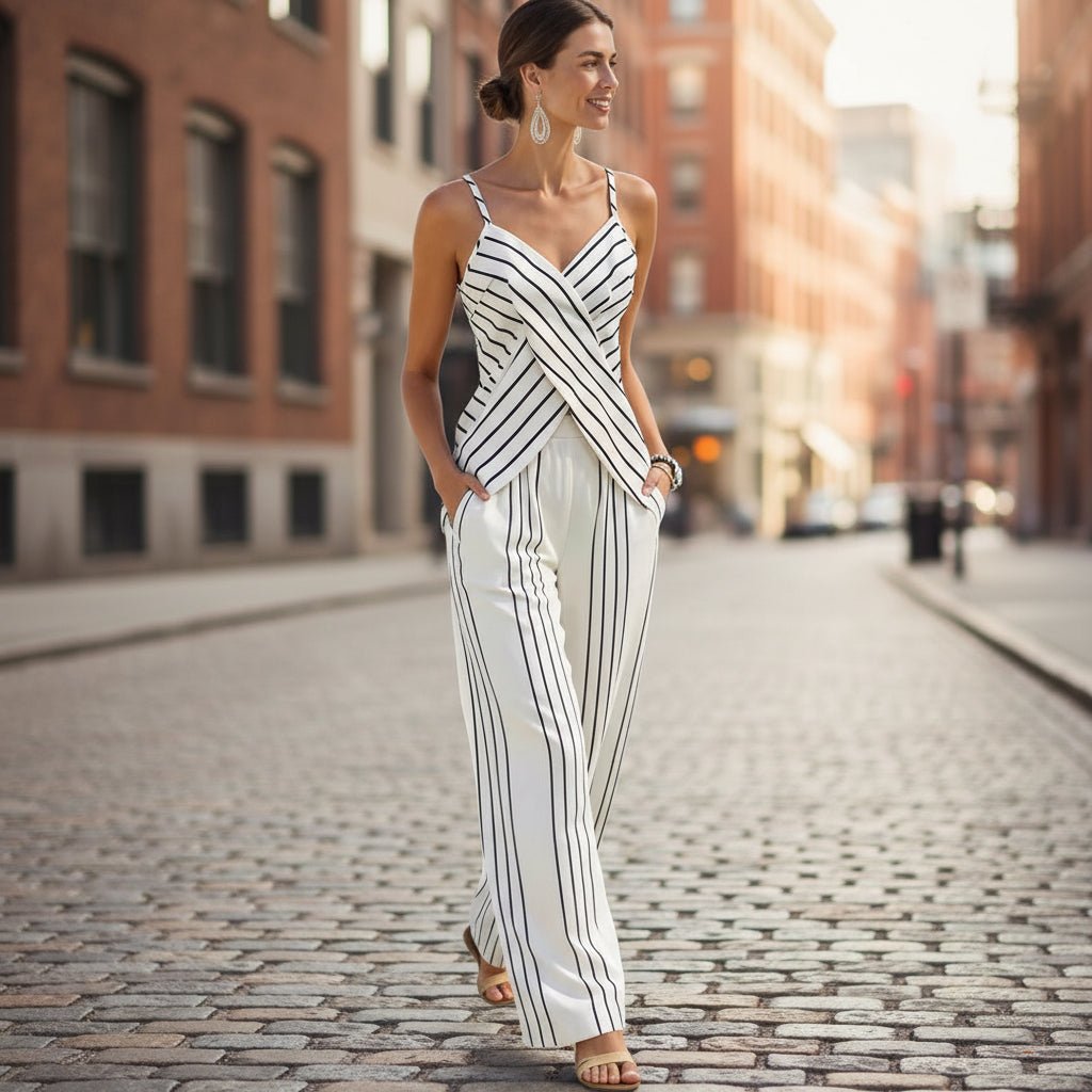Women's striped V-neck sleeveless two-piece casual wear set by Plush Fashion Hub, featuring a stylish V-neck top and matching skirt.