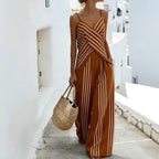 Women's striped V-neck sleeveless two-piece casualwear set by Plush Fashion Hub, featuring a stylish V-neck top and matching shorts.