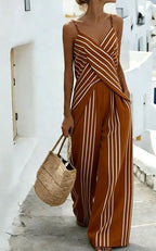 Women's striped V-neck sleeveless two-piece casualwear set by Plush Fashion Hub, featuring a relaxed fit and stylish design.