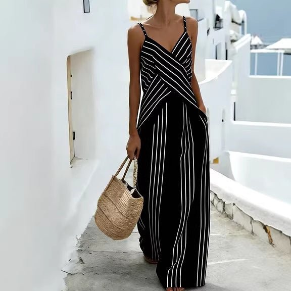 Women's striped V-neck sleeveless two-piece casualwear set by Plush Fashion Hub, featuring a stylish V-neck top and matching skirt.