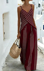 Women's striped V-neck sleeveless two-piece casualwear set by Plush Fashion Hub, featuring a stylish V-neck top and matching shorts.
