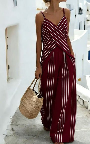 Women's striped V-neck sleeveless two-piece casualwear set by Plush Fashion Hub, featuring a stylish V-neck top and matching shorts.