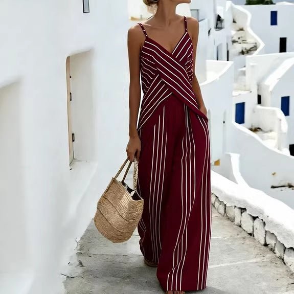 Women's striped V-neck sleeveless two-piece casualwear set by Plush Fashion Hub, featuring a relaxed fit and bold stripe pattern.