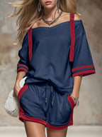 Women's summer contrast color-block patchwork shorts set by Plush Fashion Hub, featuring a casual two-piece outfit with vibrant color blocks.