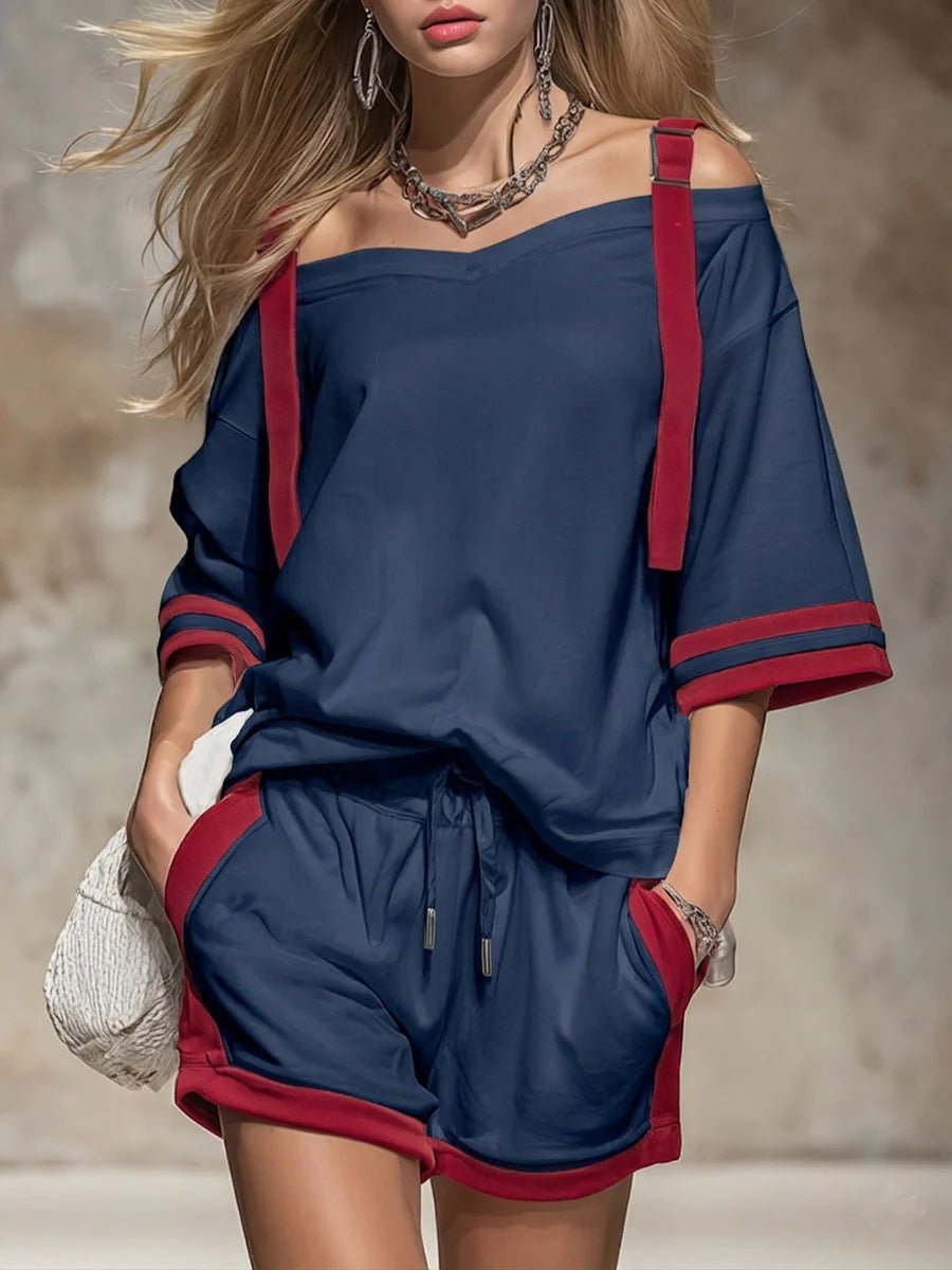 Women's summer contrast color-block patchwork shorts set by Plush Fashion Hub, featuring a casual two-piece outfit with vibrant color blocks.