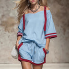 Women’s summer contrast color-block patchwork shorts set from Plush Fashion Hub, featuring a stylish two-piece casualwear outfit.