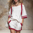 Women’s summer contrast color-block patchwork shorts set, 2-piece casualwear by Plush Fashion Hub, featuring vibrant color-block design.