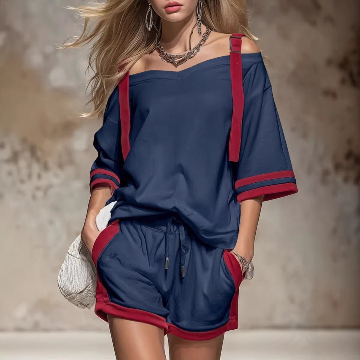 Women's summer contrast color-block patchwork shorts set by Plush Fashion Hub, featuring a stylish casualwear 2-piece outfit.