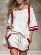 Women's summer contrast color-block patchwork shorts set by Plush Fashion Hub, featuring a casual 2-piece outfit with vibrant color blocks.