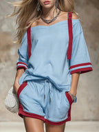 Women's summer contrast color-block patchwork shorts set by Plush Fashion Hub, featuring a casual 2-piece outfit with vibrant design.