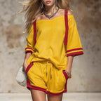 Women’s summer contrast color-block patchwork shorts set, casualwear 2-piece by Plush Fashion Hub, featuring vibrant color blocks and relaxed fit.