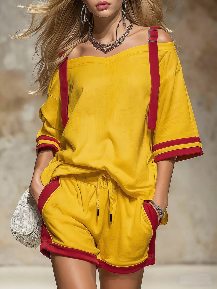 Women's summer contrast color-block patchwork shorts set by Plush Fashion Hub, featuring a casual 2-piece outfit with vibrant color blocks.
