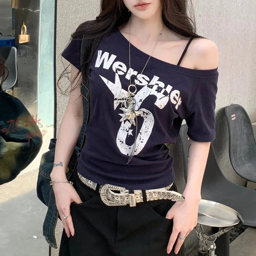 Women’s summer letter print T-shirt by Plush Fashion Hub, casual streetwear with colorful letter design on lightweight fabric.