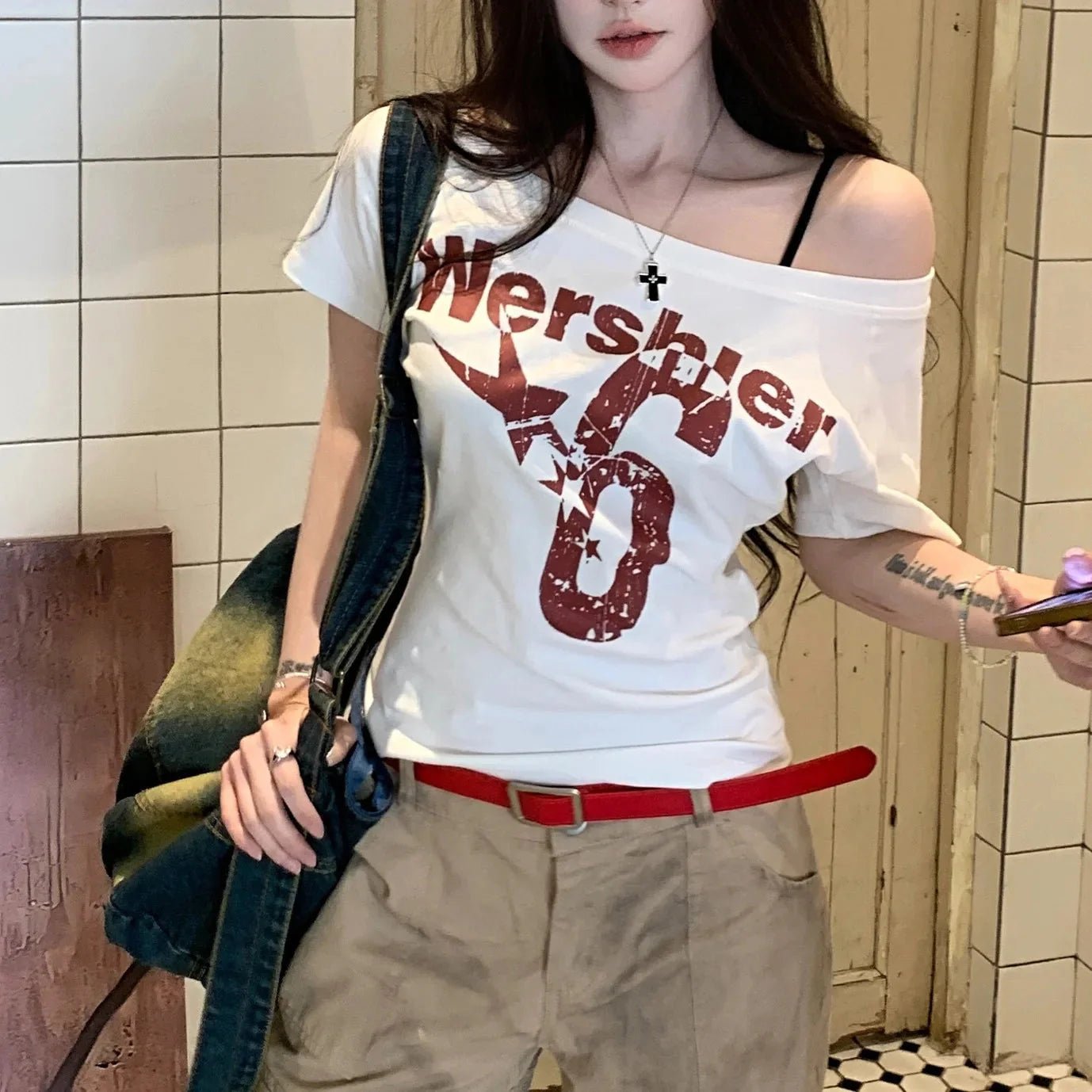 Women's summer letter print T-shirt from Plush Fashion Hub, casual streetwear with colorful lettering and lightweight fabric.